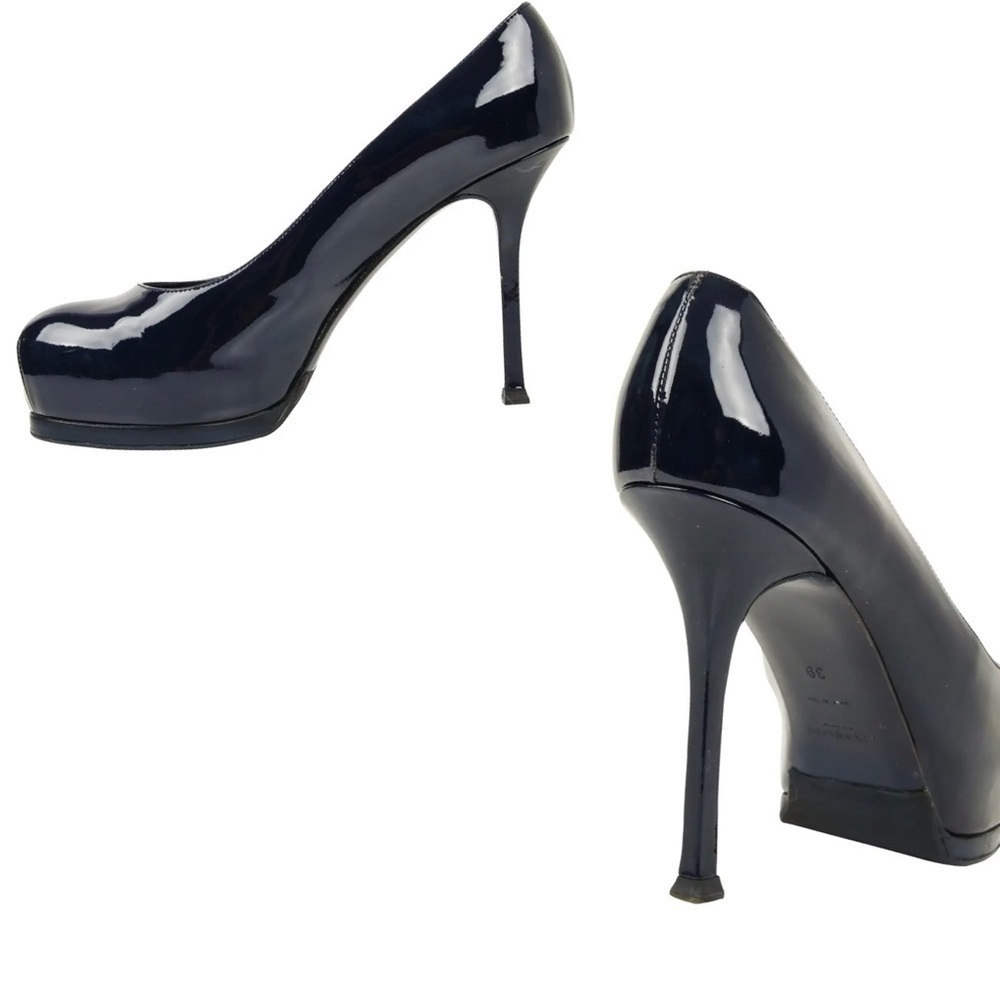 SAINT LAURENT Tribtoo 80 Patent Navy Blue Leather Heel Round Toe Pumps Size 40 - Picture 5 of 16